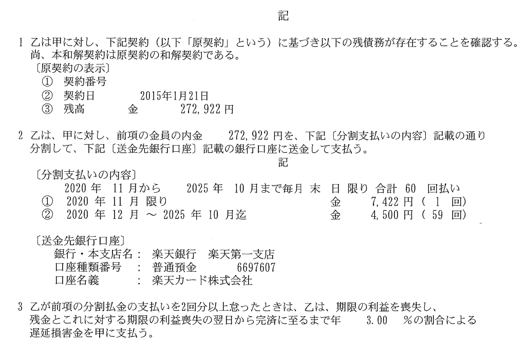 楽天カードの任意整理の和解書（かながわ総合法務事務所）